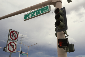 Cars on West Sahara Avenue at I-215 The Beltway interchange, Las Vegas, Nevada: digital photograph