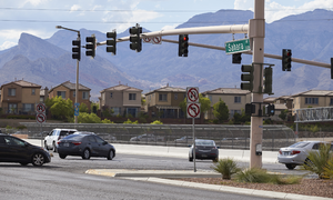 Traffic on West Sahara Avenue at I-215 The Beltway, Las Vegas, Nevada: digital photograph