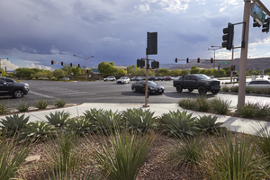 Traffic and landscaping along West Sahara Avenue at Pavilion Center Drive, Las Vegas, Nevada: digital photograph