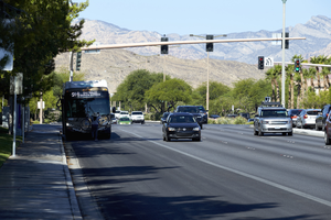 Bus stop on West Sahara Avenue looking west, Las Vegas, Nevada: digital photograph