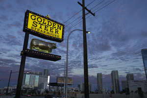 The Golden Steer sign looking east, Las Vegas, Nevada: digital photograph