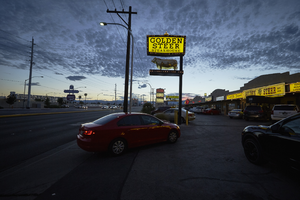 The Golden Steer sign looking west, Las Vegas, Nevada: digital photograph
