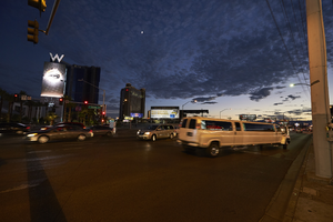 Traffic on Sahara Avenue near Las Vegas Boulevard looking west at dusk, Las Vegas, Nevada: digital photograph