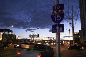 1-15 sign on Sahara Avenue looking west at dusk, Las Vegas, Nevada: digital photograph