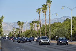 Traffic West Sahara Avenue looking west near South Durango Drive, Las Vegas, Nevada: digital photograph