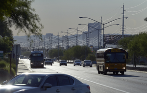 Traffic and power lines on West Sahara looking east in early morning light, Las Vegas, Nevada: digital photograph