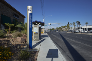 Bus stop and nice landscaping on West Sahara Avenue, Las Vegas, Nevada: digital photograph