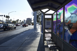 RTC bus stop on West Sahara Avenue looking east, Las Vegas, Nevada: digital photograph