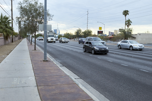 Sidewalks on West Sahara Avenue at South Arville Street looking east, Las Vegas, Nevada: digital photograph