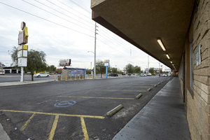 Strip mall parking on West Sahara Avenue at Las Verdes Street, Las Vegas, Nevada: digital photograph