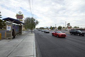 Bus stop on West Sahara Avenue at Las Verdes Street, Las Vegas, Nevada: digital photograph