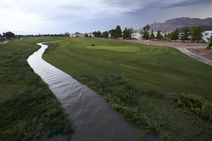 Water in the Las Vegas Wash on the Club at Sunrise Golf Course, looking north from East Sahara Avenue, Clark County, Nevada: digital photograph