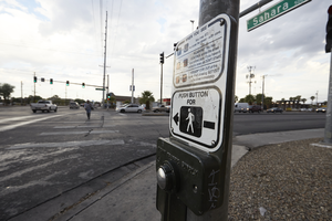 Nellis Bouleavard and East Sahara Avenue crosswalk sign looking west, Clark County, Nevada: digital photograph
