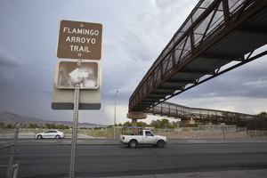 Flamingo Arroyo Trail and elevated crosswalk at Nellis Bouleavard south of East Sahara Avenue looking east, Clark County, Nevada: digital photograph