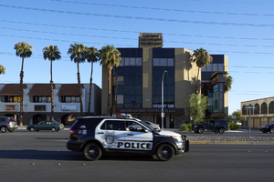 Commercail buildings on East Sahara Avenue near Maryland Parkway looking west, Las Vegas, Nevada: digital photograph