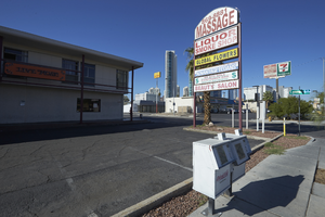 Business signage on East Sahara Avenue at Van Patten Street looking west, Las Vegas, Nevada: digital photograph