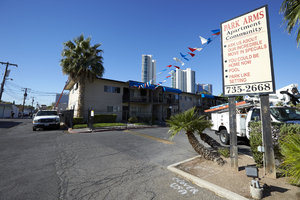 The Park Arms Apartments on East Sahara Avenue looking southwest, Las Vegas, Nevada: digital photograph