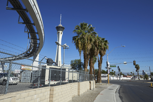 Monorail and Stratosphere Tower at East Sahara Avenue and Joe W Brown Drive looking north, Las Vegas, Nevada: digital photograph