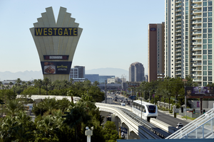 Monorail along towards the Westgate Las Vegas sign on Paradise Road Looking south, Las Vegas, Nevada: digital photograph