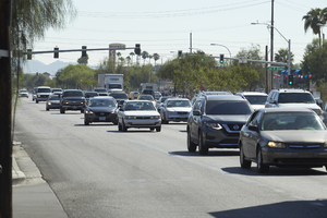 Traffic on East Sahara Avenue near Paradise Road looking east, Las Vegas, Nevada: digital photograph