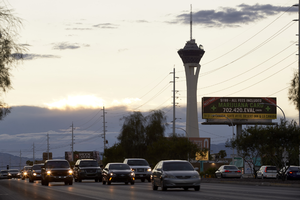 Traffic on East Sahara Avenue near Maryland Parkway looking west at dusk, Las Vegas, Nevada: digital photograph