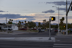 Crosswalk at East Sahara Avenue and 15th Street looking north at dusk, Las Vegas, Nevada: digital photograph