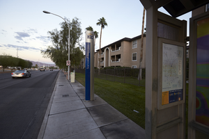 Bus stop on East Sahara Avenue and 15th Street looking east at dusk, Las Vegas, Nevada: digital photograph