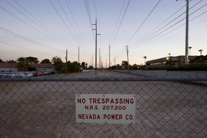 Power transmission lines crossing East Sahara Avenue looking south at dusk, Las Vegas, Nevada: digital photograph