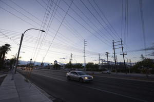Power substation at East Sahara Avenue, 17th and Spencer Streets looking west at dusk, Las Vegas, Nevada: digital photograph