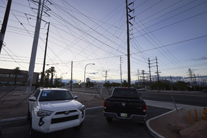 Power substation at East Sahara Avenue, 17th and Spencer Streets looking west at dusk, Las Vegas, Nevada: digital photograph
