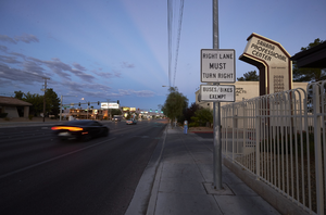 Traffic on East Sahara Avenue looking east at dusk, Las Vegas, Nevada: digital photograph