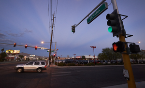 Intersection of East Sahara Avenue and Burnham Avenue looking east at dusk, Las Vegas, Nevada: digital photograph