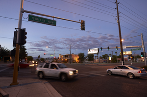 Intersection of East Sahara Avenue and Burnham Avenue looking north at dusk, Las Vegas, Nevada: digital photograph