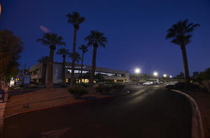 Parking area at 1785 East Sahara Avenue near South Bruce Street looking east at dusk, Las Vegas, Nevada: digital photograph