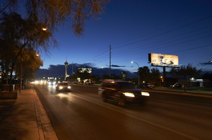 Traffic on East Sahara Avenue near 15th Street looking west at dusk, Las Vegas, Nevada: digital photograph