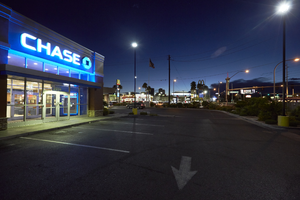 Chase Bank on East Sahara Avenue at Maryland Parkway looking west at dusk, Las Vegas, Nevada: digital photograph
