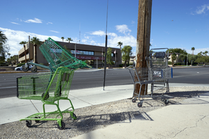 Shopping carts on East Sahara Avenue looking southwest, Las Vegas, Nevada: digital photograph