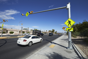 A crosswalk signal on South Eastern Avenue north of East Sahara Avenue looking north, Las Vegas, Nevada: digital photograph