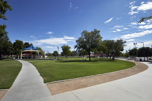 Walkways and open space in the Justice Myron E. Leavitt & Jaycee Community Park, Las Vegas, Nevada: digital photograph