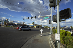 Cars and pedestrains on South Eastern Avenue at East Sahara Avenue looking northeast, Las Vegas, Nevada: digital photograph