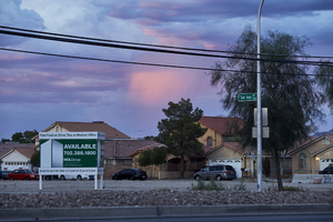 Vacant land off East Sahara Avenue looking northeast at dusk, Las Vegas, Nevada: digital photograph