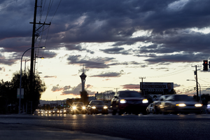 Traffic on East Sahara Avenue looking west at sunset, Las Vegas, Nevada: digital photograph