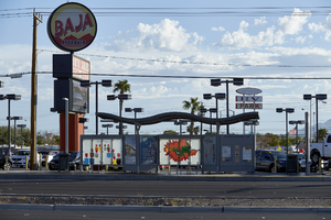 RTC bus stop on Fremont Street near East Sahara Avenue looking north, Las Vegas, Nevada: digital photograph