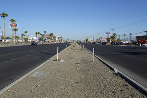 Median at Fremont Street and East Sahara Avenue looking northwest, Las Vegas, Nevada: digital photograph