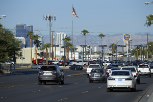 Traffic on East Sahara Avenue near Boulder Highway / Fremont Street looking west, Las Vegas, Nevada: digital photograph