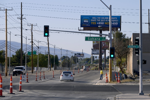 Traffic at the intersection of East Sahara Avenue and Sandhill Road looking south, Las Vegas, Nevada: digital photograph