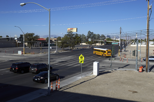 Traffic at the intersection of East Sahara Avenue and Sandhill Road looking west, Las Vegas, Nevada: digital photograph