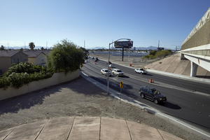 Traffic on East Sahara Avenue and the US 95 freeway overpass looking south, Las Vegas, Nevada: digital photograph