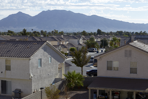 Neighborhood near the freeway overpass at East Sahara Avenue looking east, Las Vegas, Nevada: digital photograph