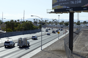 Traffic on East Sahara Avenue and the US 95 freeway overpass looking east, Las Vegas, Nevada: digital photograph